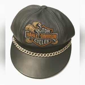 Harley-Davidson Black Leather Biker Cap Vintage Chain Brim USA Made Adjustable